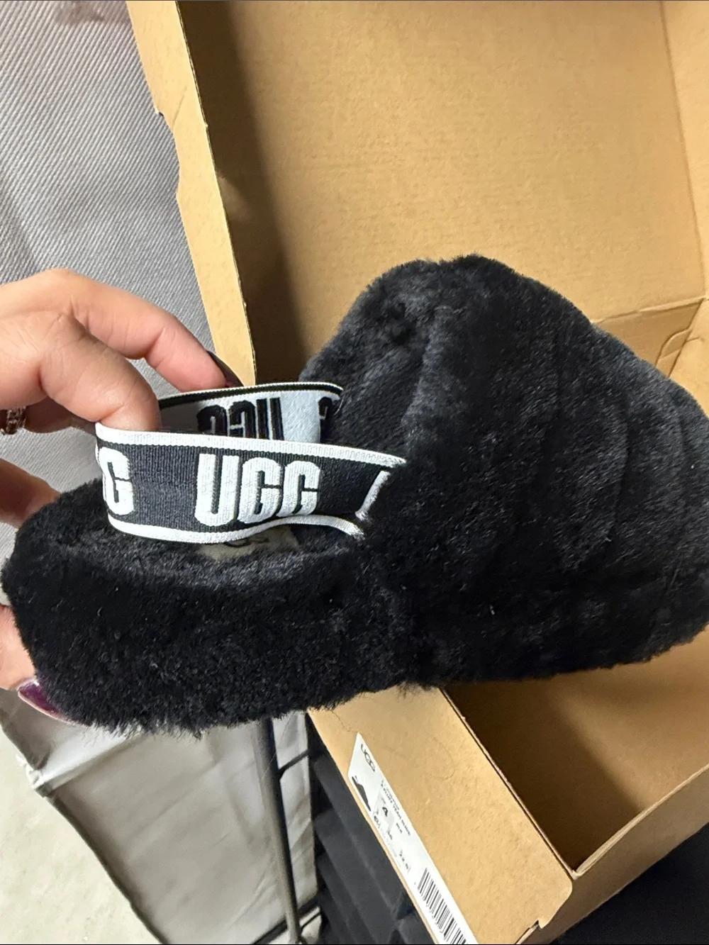 UGG Black Plush Logo-Strip Slide